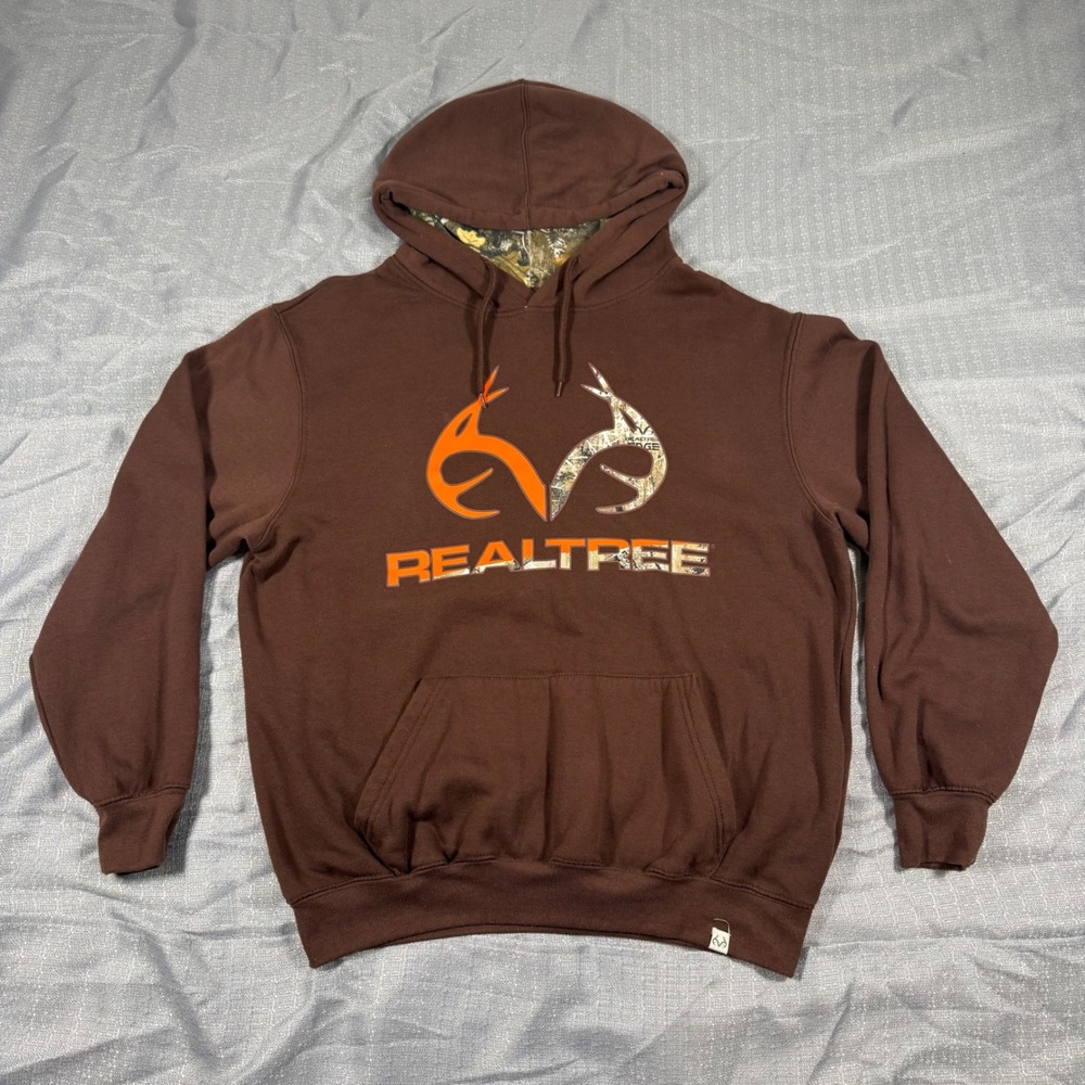 Realtree Hoodie Mens L Brown Pullover Camo Logo Fleece Sweatshirt Outdoor